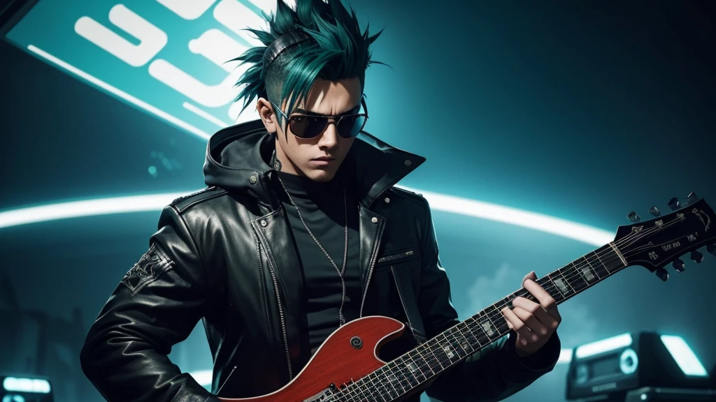 best qualityer) (Extra High Definition) green mohawk hair with mask, estilo dark, Blue details of black outfit, looking at you, Guitar in hand, stage band, Draw a high definition anime style scene (Full HD) which depicts a character with a mohawk, green mohawk style, playing a red electric guitar in a style similar to the game "guitar hero". The character, wearing sunglasses, must be in a dynamic and exciting pose, with your eyes focused on the screen in front of you. The surrounding landscape should be vibrant and full of energy, with flashy visual effects to represent the intensity of the music. The character deve estar imerso na música, displaying expressions of concentration and emotion while mastering the notes. Os espectadores, se houver, can be shown briefly on the sides, reacting to performance with enthusiasm. The general atmosphere should convey the excitement and fun of the moment., with a background that refers to the cyberpunk style, with highlighted futuristic and neon elements. background Imagine a photograph of a teenager's bedroom that embodies the essence of gothic and rock aesthetics. The image is taken in an atmospheric and dimly lit style., with deep shadows and warm golden lighting.