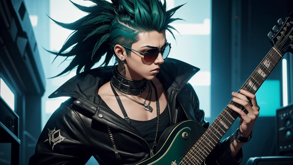 best qualityer) (Extra High Definition) green mohawk hair with mask, estilo dark, Blue details of black outfit, looking at you, Guitar in hand, stage band, Draw a high definition anime style scene (Full HD) which depicts a character with a mohawk, green mohawk style, playing a red electric guitar in a style similar to the game "guitar hero". The character, wearing sunglasses, must be in a dynamic and exciting pose, with your eyes focused on the screen in front of you. The surrounding landscape should be vibrant and full of energy, with flashy visual effects to represent the intensity of the music. The character deve estar imerso na música, displaying expressions of concentration and emotion while mastering the notes. Os espectadores, se houver, can be shown briefly on the sides, reacting to performance with enthusiasm. The general atmosphere should convey the excitement and fun of the moment., with a background that refers to the cyberpunk style, with highlighted futuristic and neon elements. background Imagine a photograph of a teenager's bedroom that embodies the essence of gothic and rock aesthetics. The image is taken in an atmospheric and dimly lit style., with deep shadows and warm golden lighting.