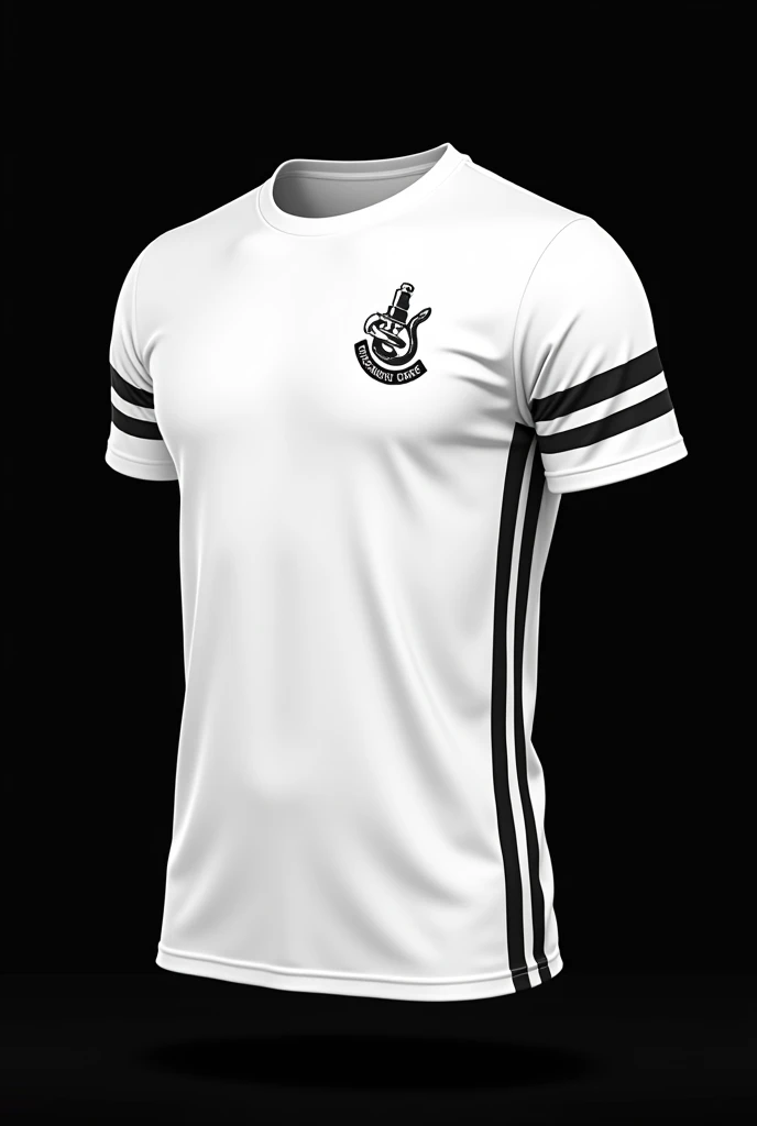 White shirt on a black background with Pharmacy course print with a small snake coat of arms wrapped around a microscope (positioned on the left side of the chest) and with a sporty style with double straight black stripes on the unisex vertical sides