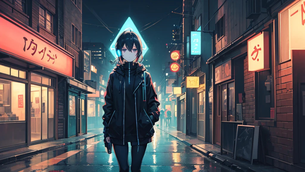 Create a high-quality anime-style scene of a quiet city street at night, with glowing neon signs and dim streetlights. The scene should include a person walking with headphones on, immersed in the cityscape. Capture the calm, reflective mood with detailed lighting and urban elements.