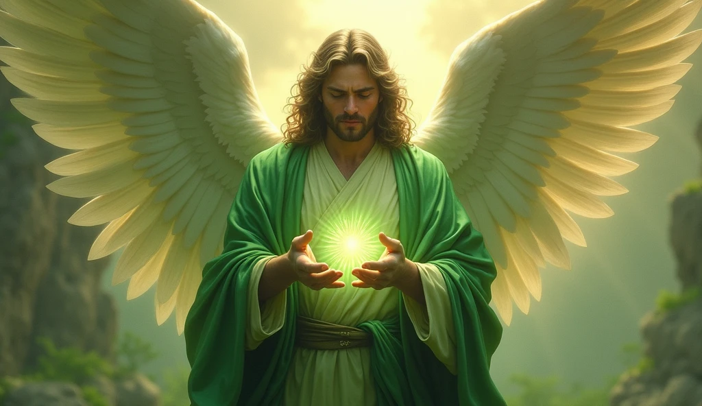 Create an ultra-realistic image of Archangel Raphael, depicted as a strong and compassionate male figure, embodying the essence of healing and health. He is dressed in flowing green robes, symbolizing his connection to healing and renewal. His wings are grand, with a soft green glow emanating from them, enveloping the scene in a serene light. Raphael's hands are extended in a gesture of blessing, with a calming green aura radiating from his palms, touching the person before him and visibly healing them. The background is filled with a gentle, warm light, with subtle hints of nature and tranquility, reflecting the peaceful and restorative power of Archangel Raphael. His expression is kind, wise, and full of divine assurance, representing the presence of health and the gratitude for the healing being received.
