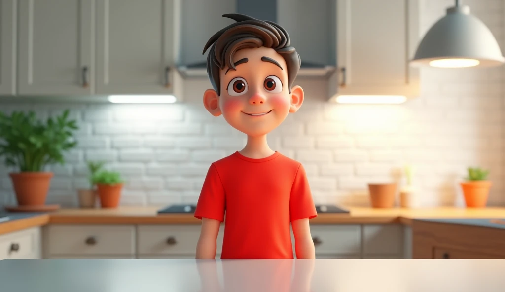 A boy age 19 year red colur shirt in studio rom fornt tebel imeg  size 16:9 cartun 3D photo