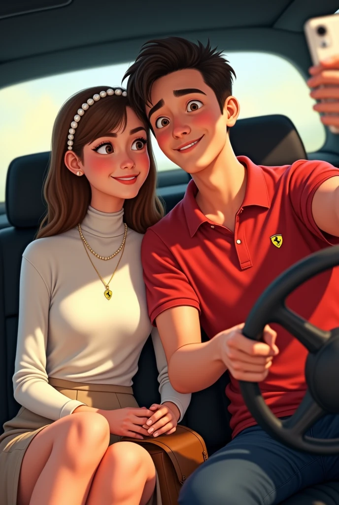 Imagine Pixar type Create an image of a couple of a young couple in a car with black seats. She has light brown hair, loose with bangs framing her face, and wears a headband of white pearls. She wears a white long-sleeved turtleneck shirt and a beige skirt.. in your legs, a brown bag rests, and a necklace with a horse pendant hangs from her neck. He smiles as he takes a selfie from the driver&#39;s seat with his seatbelt on.

at your side, He, a young man with his hair combed upwards at the front, He is wearing a Ferrari red polo shirt, He brings his right hand to his chest. They both share a smile as they enjoy the moment.