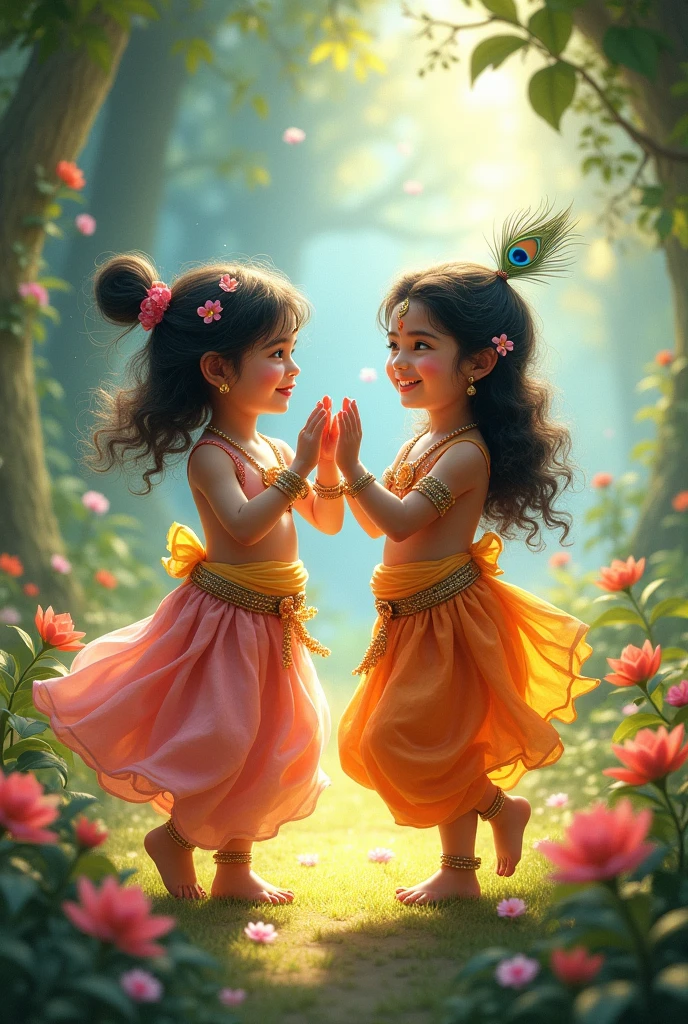 a baby Krishna and Radha sitting near, Romantic and Joy full expression, vibrant backgrounds, detailed, blurred, realistic