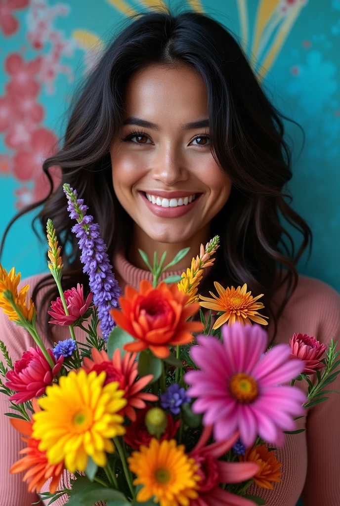beautiful latina woman with a amazing bouquet of wildflowers, smiling face, neon hipercolored flowers, fluid painting background, black white background, studio photography