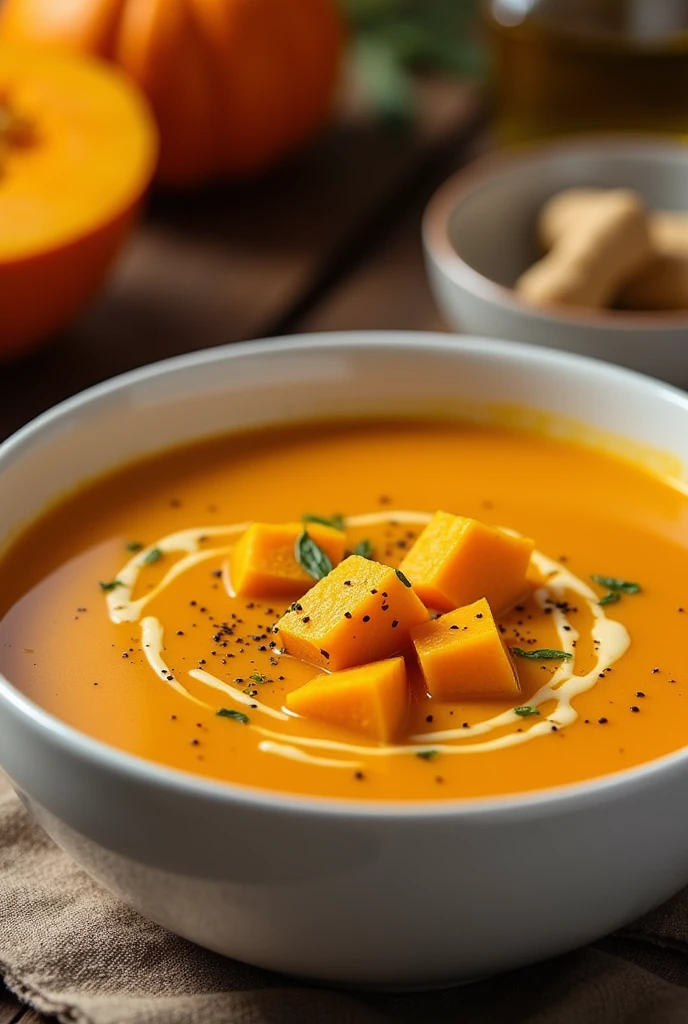 Create an image of this recipe: Pumpkin and Ginger Soup Ingredients:

- Pumpkin: 500 g - Onion: 50 g - Garlic: 10 g - Fresh ginger: 10 g - Vegetable broth: 500 ml - Olive oil: 15 ml
- Sal: 5 g - Pepper: 2 g Preparation:

1. Peel and cut the pumpkin into cubes. Chop the onion, Garlic and ginger.

2. In a pot, Heat the olive oil and fry the onion, Garlic and ginger hasta que estén dorados.

3. Add the pumpkin and cook for 5 minutes..

4. Pour in the vegetable broth and simmer for 20 minutes., until the pumpkin is tender.

5. Use a hand blender to puree the soup until smooth..

6. Season with salt and pepper to taste. Serve hot.
