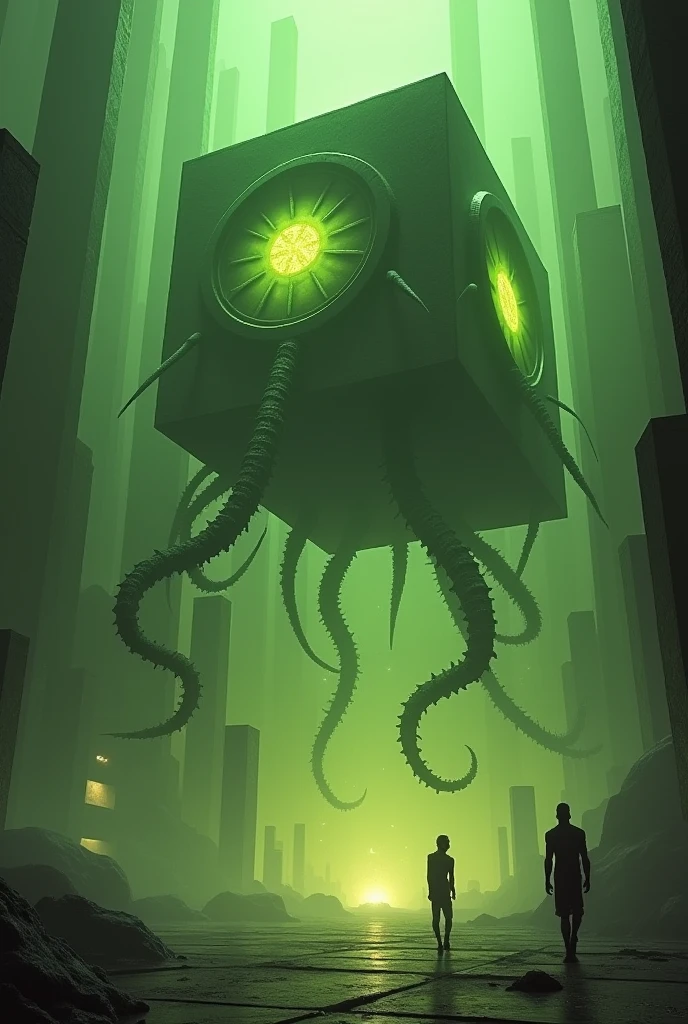 A gigantic floating cuboid structure with dark, twisting tentacles, radiating an intense green light from the circular patterns and eyes with illuminated symbols embedded in their faces. The scene has a dark and futuristic atmosphere., with a greenish-yellow lighting that envelops the entire space, full of geometric shapes and blocks suspended in the air. Two tiny, zombified figures appear to be wandering in front of this monstrous entity., highlighting its colossal scale. The atmosphere is oppressive and mysterious., as if the place were a prison or a temple of some cosmic deity. The style is a combination of science fiction and cosmic horror, with intricate details and a sense of alien grandeur.