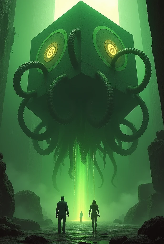 A gigantic floating cuboid structure with dark, twisting tentacles, radiating an intense green light from the circular patterns and eyes with illuminated symbols embedded in their faces. The scene has a dark and futuristic atmosphere., with a greenish-yellow lighting that envelops the entire space, full of geometric shapes and blocks suspended in the air. Two tiny, zombified figures appear to be wandering in front of this monstrous entity., highlighting its colossal scale. The atmosphere is oppressive and mysterious., as if the place were a prison or a temple of some cosmic deity. The style is a combination of science fiction and cosmic horror, with intricate details and a sense of alien grandeur.