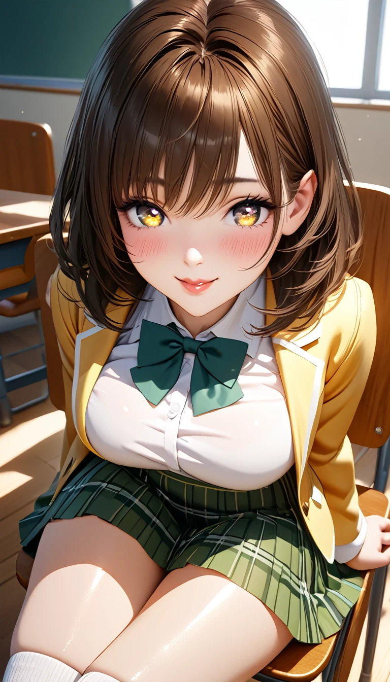 (masterpiece,ultra-detailed,best quality,8K,CG,realistic,illustration:1.2),(perfect-composition,detailed beautiful face,Clean skin,photographical skin,shiny skin,shiny hair, photographical hair,ultra detailed eyes,shaved,kawaii,uncensored:1.1),smile,medium hair, 1girl, solo, brown hair, brown eyes,large breast,winter school uniform, green bowtie, white shirt, yellow blazer, buttoned blazer,plaid skirt, green skirt,thigh socks,blushing,seductive face, glossy lips ,sitting on chair ,arms spread,classroom,side view