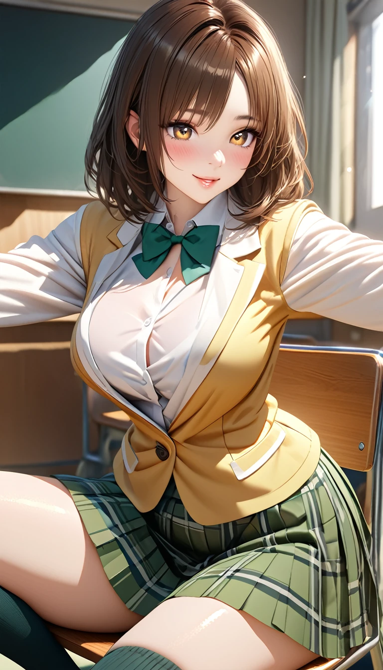 (masterpiece,ultra-detailed,best quality,8K,CG,realistic,illustration:1.2),(perfect-composition,detailed beautiful face,Clean skin,photographical skin,shiny skin,shiny hair, photographical hair,ultra detailed eyes,shaved,kawaii,uncensored:1.1),smile,medium hair, 1girl, solo, brown hair, brown eyes,large breast,winter school uniform, green bowtie, white shirt, yellow blazer, buttoned blazer,plaid skirt, green skirt,thigh socks,blushing,seductive face, glossy lips ,sitting on chair ,arms spread,classroom,side view