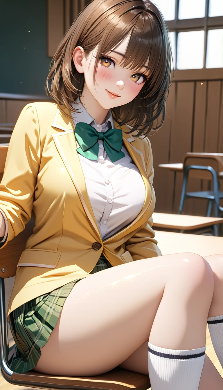 (masterpiece,ultra-detailed,best quality,8K,CG,realistic,illustration:1.2),(perfect-composition,detailed beautiful face,Clean skin,photographical skin,shiny skin,shiny hair, photographical hair,ultra detailed eyes,shaved,kawaii,uncensored:1.1),smile,medium hair, 1girl, solo, brown hair, brown eyes,large breast,winter school uniform, green bowtie, white shirt, yellow blazer, buttoned blazer,plaid skirt, green skirt,thigh socks,blushing,seductive face, glossy lips ,sitting on chair ,arms spread,classroom,side view