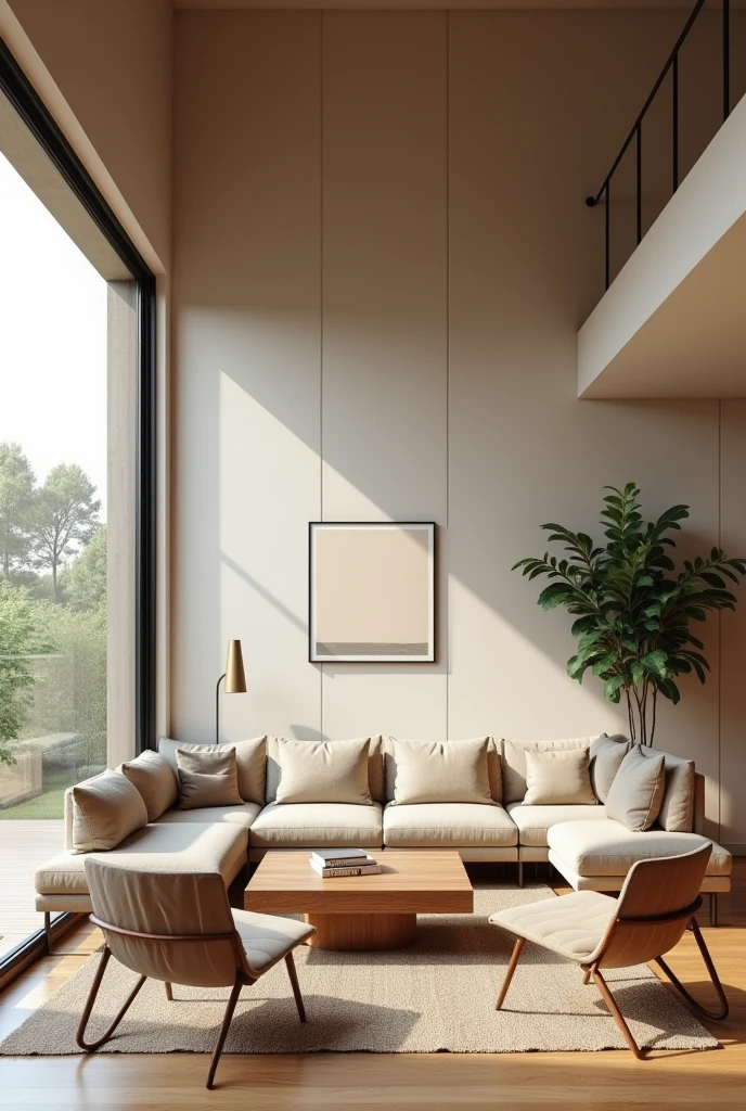 Create a modern living room with wood, concrete and minimalist decor