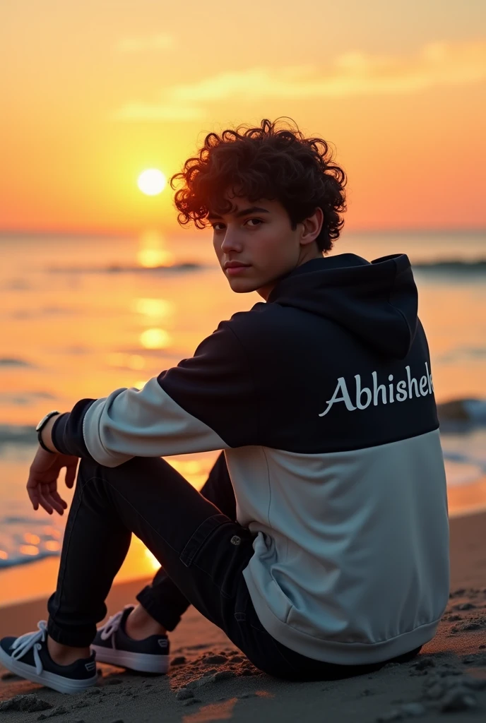 (photorealism:1.2), handsome boy, sitting on the sea beach, wearing black white hoodie , black jeans, Curley hair, wearing watch, evening sunset, sea beach in background, evening sunset, written 'Abhishek' in backside of hoodie,Alphonse Mucha