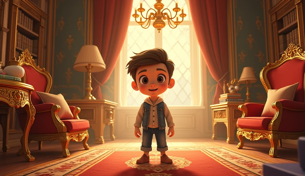 Young boy in room with alot of gold.