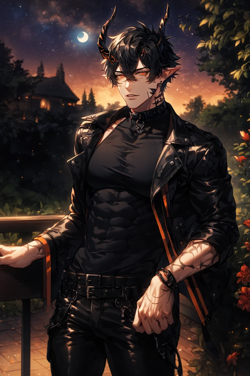 absurdres, highres, ultra detailed, HDR) master piece, best quality, extremely detailed, detailed face, detailed eyes, delicated features, Flamebringer, black hair, expressive orange eyes, Arknights, solo, sexy man, handsome, toned, sensual, manly man, black horns, slightly pointed ears, black marks on the face, cropped leather jacket with orange patterns, tight turtleneck shirt, collar, black leather pants, night, garden, red flowers, fantasy, magical, moon, starry sky