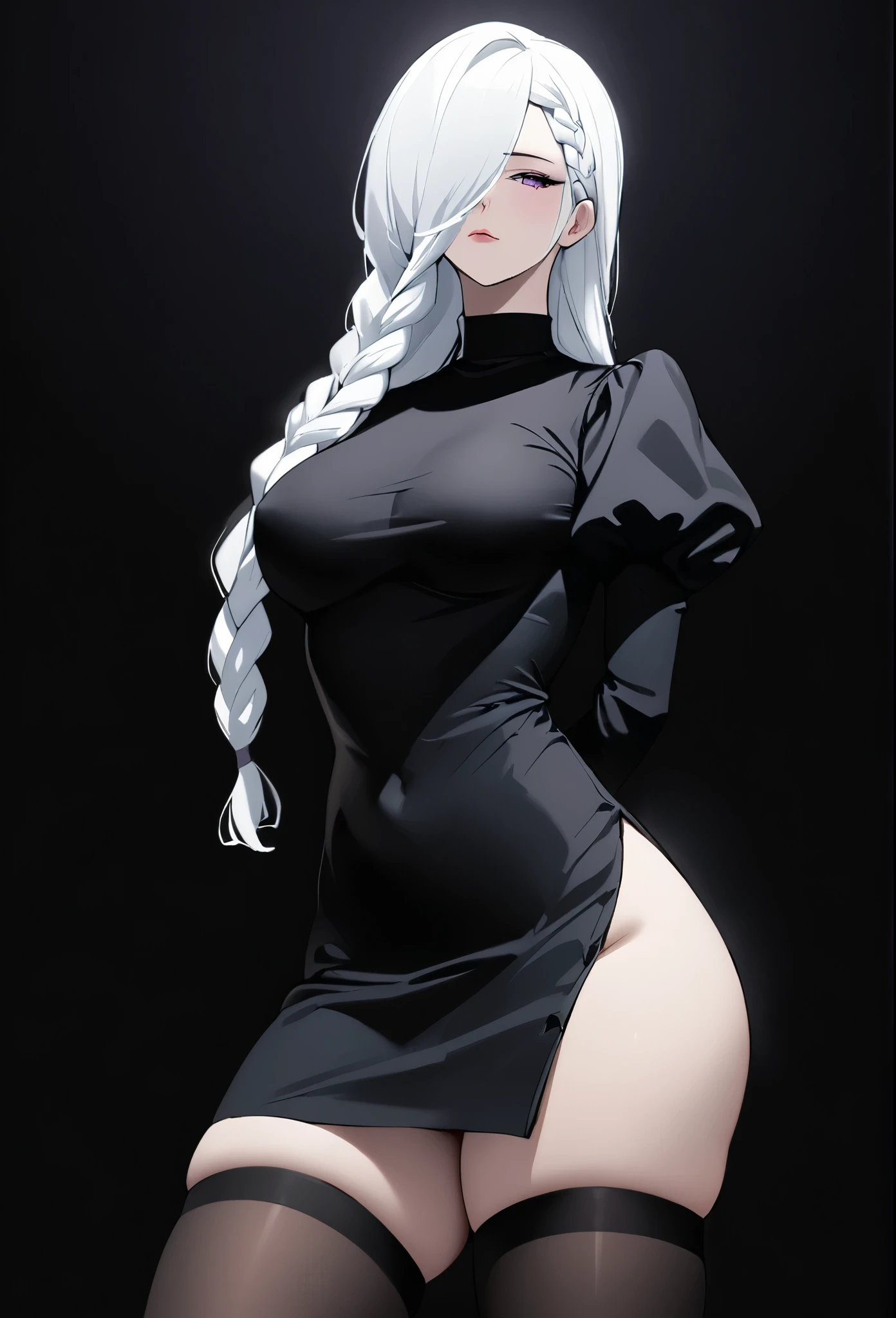mei mei, long hair, very long white hair, braid, hair over one eye, braided ponytail, ((front braided bangs covering one eye)), purple eyes, pinup style, sexy, submissive, minimalist, lonely, monochromatic black and white color palette, soft lighting, ((submissive)), perfect breasts, thin, ((solid black background)), ((looking at viewer)), slim, long sleeves, dress, puffy sleeves, black dress, juliet sleeves, turtleneck dress, thick thighs, thigh highs, sexy pose, ((realistic)), arms behind back,