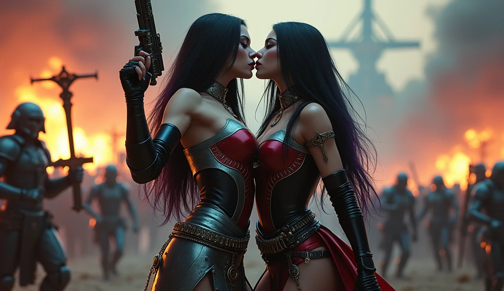 Two women in sexy gothic clothes doing a satanic ritual in a foggy marsh, blood, skulls, ultra detailed, photorealistic, masterpiece, trending on Artstation.