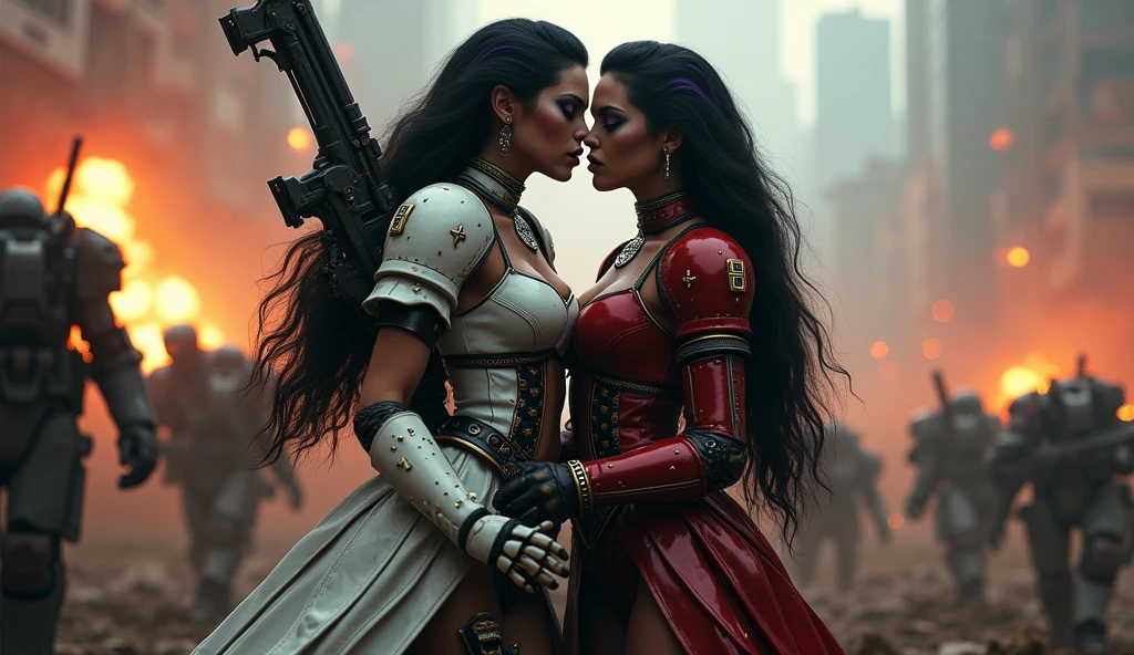 Full body pose sexy sisters of battle from the warhammer 40k, carrying her wounded sister, red space marine armor with intricate details, white space marine armor with intricate details, symbols on the armor, sisters of battle, warhammer 40k, Massive exposed silicone breast, pale skin, seductive, temptation, eat your soul, clevage, long white flowing hair, long black flowing hair with purple highlights, heavy gothic makeup, at night, neon, beautiful detailed eyes, beautiful detailed lips, extremely detailed eyes and face, long eyelashes, highly detailed space marine armor, intricate futuristic laser weaponry, dramatic lighting, cinematic composition, muted color palette, gritty and realistic, mecha, science fiction, hyper-detailed, photorealistic, award winning digital art, 8k, HDR, masters work, in the middle of a battle field, explosions and fire around, full war, stunning, cinematic, movie trailer, sisters of battle, warhammer 40k, carrying her wounded sister to safety, saving