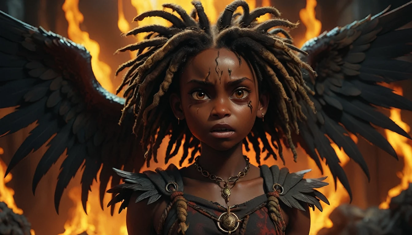 1 angelic winged black boy in hell, dreadlocks, dark demonic female entities, demon girls behind, highly detailed, 8k, best quality, immense pain and suffering, cinematic dramatic lighting, dark moody atmosphere, gritty realism, chiaroscuro, muted color palette