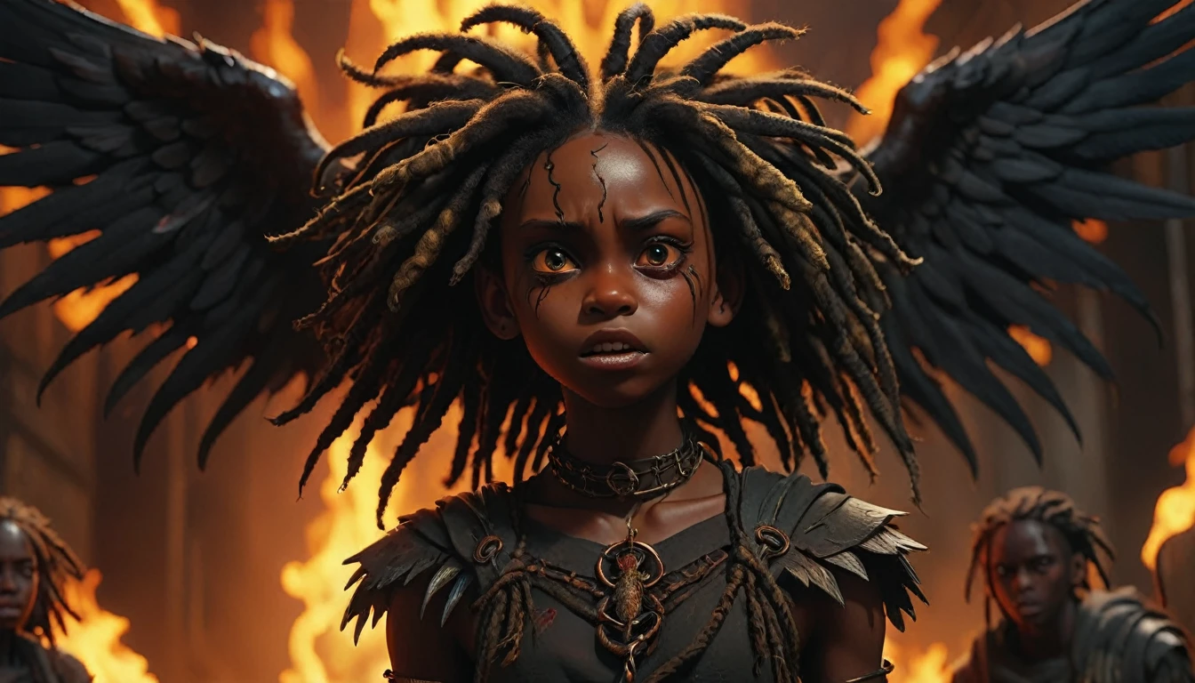 1 angelic winged black boy in hell, dreadlocks, dark demonic female entities, demon girls behind, highly detailed, 8k, best quality, immense pain and suffering, cinematic dramatic lighting, dark moody atmosphere, gritty realism, chiaroscuro, muted color palette