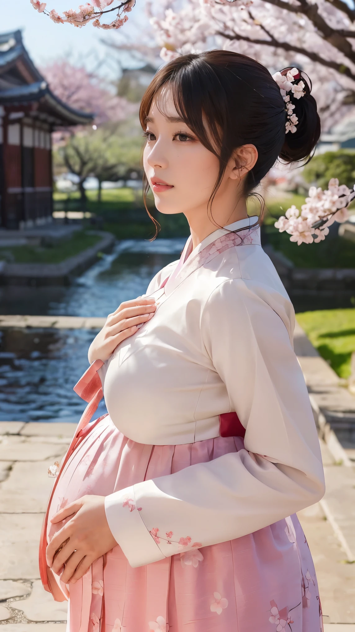 (best quality, 8K, masterpiece: 1.3), ((((((Incredibly huge breasts: 0.8))))), single ponytail, (beautiful face:1.3), Cherry blossoms are in full bloom, full of cherry blossoms, floating cherry blossom petals, very cool, authentic hanbok,pregnancy,