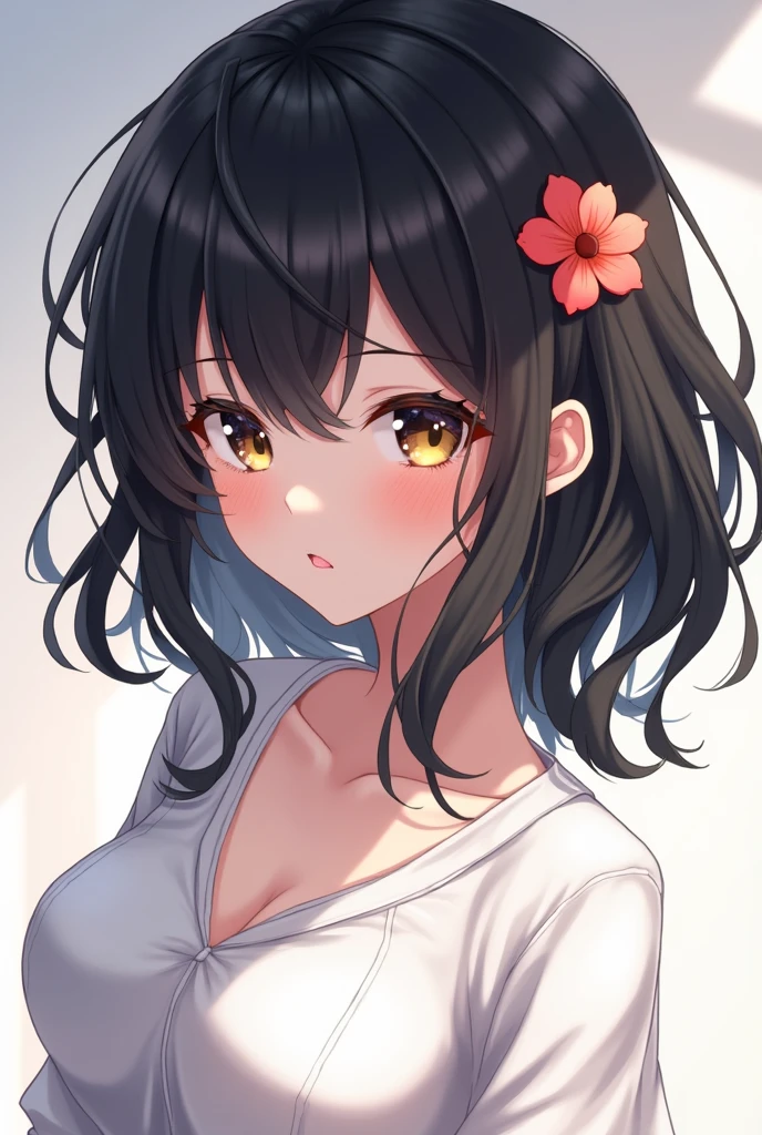 Anime Girl, Realistic shadows, Delicate skin, Large Breasts, Black Hair, Very detailed, 8k highly detailed face, Perfect face shape, Full, perfect lips, Perfect nose, Correction of beautiful eyes, Viewers, White shirt, Hair Flower, masterpiece, best quality, Single Girl, not good, No, Solitary