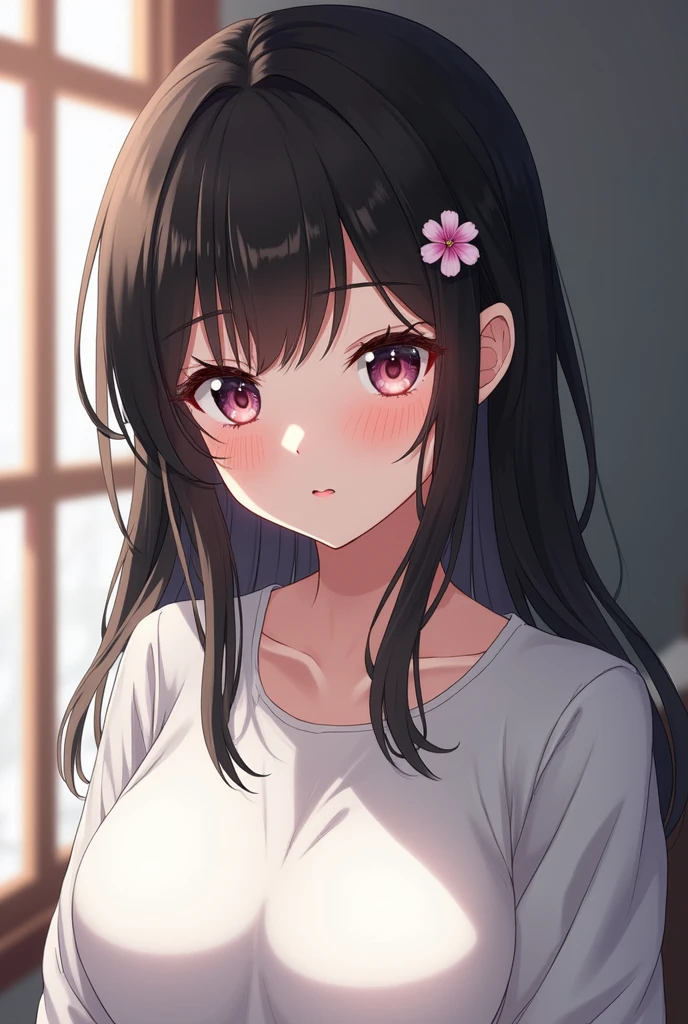 Anime Girl, Realistic shadows, Delicate skin, Large Breasts, Black Hair, Very detailed, 8k highly detailed face, Perfect face shape, Full, perfect lips, Perfect nose, Correction of beautiful eyes, Viewers, White shirt, Hair Flower, masterpiece, best quality, Single Girl, not good, No, Solitary