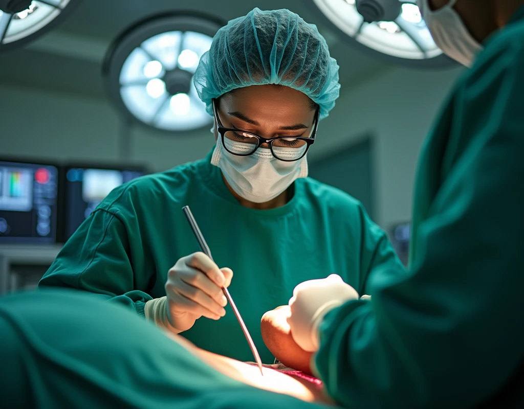 Aishwarya Rai as heart surgeon, wearing green scrubs, wearing surgical mask and skull cap, wearing surgical glasses, performing heart surgery on male patient, in operation theatre, fullbody view, cutting the chest with scalpel,