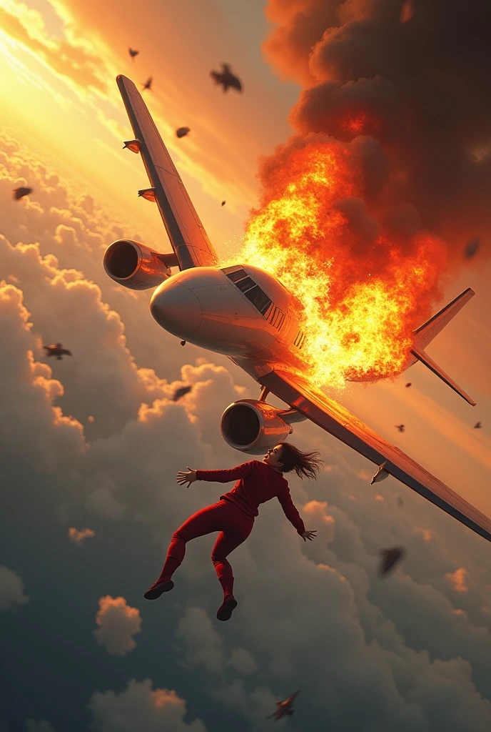 woman falling from a plane in mid-flight and plane catching fire in the air