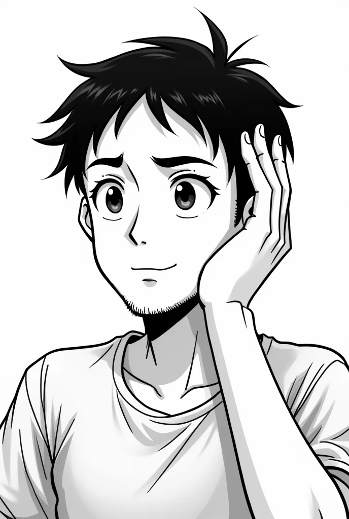 In black and white manga style, a boy with a thin beard and short hair, with a smile on his face, putting your hand on your head