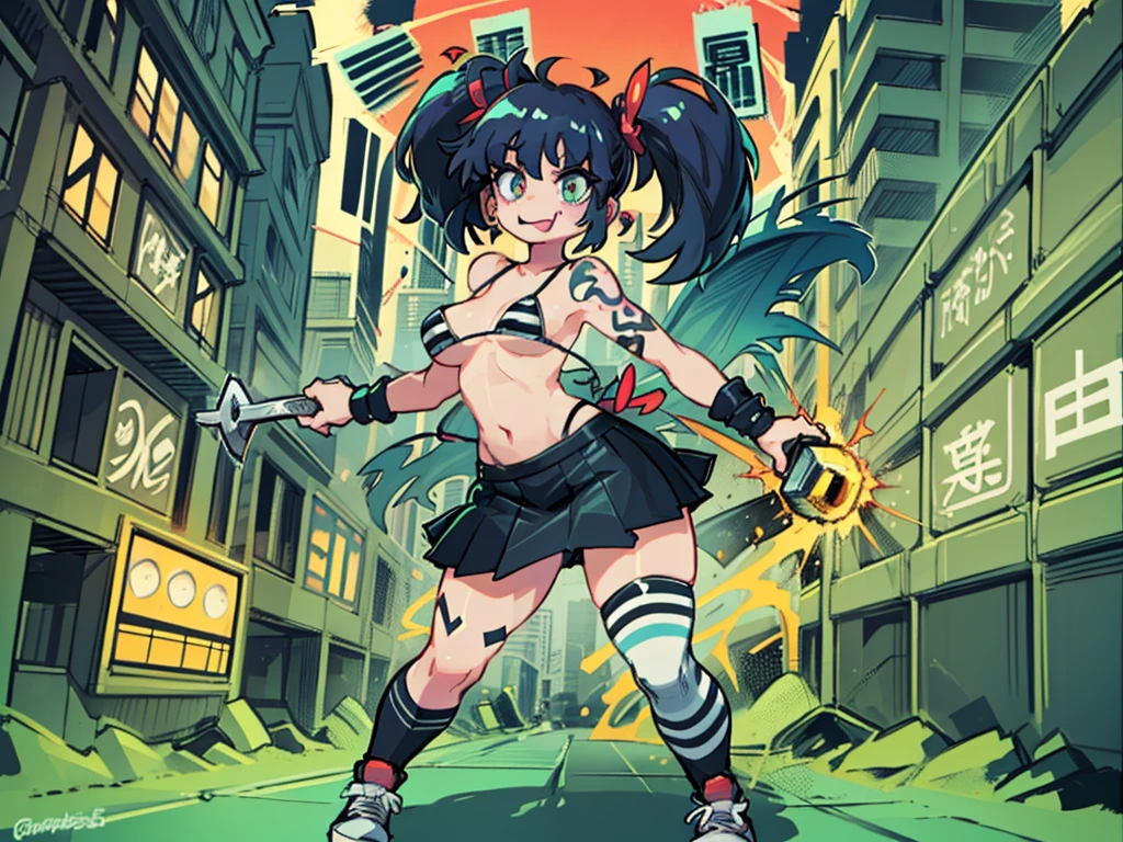 Comics Style,digital figure of beautiful female character, Anime Style, Futuristic tribal tattoo style design on body, (Very beautiful and lovely girl:1.1, Wink, Sticking out your tongue, Hime cut twin tails, Greenish black hair, Striped Bikini, mini skirt, Holding a large metal hammer with a gimmick, Dynamic movement, Thighs, Knee-high socks, sneakers), (Perfect detail:1.1), Very detailedアートワーク, Graffiti Style Destroyed City Landscape in Focus, (Beautiful and vivid background:1.2), ( Eyes and face with attention to detail:1.3), (Beautiful and vivid background:1.2), (Very detailed, Best Shadow:1.1),Exposing shoulders, (White Background:0.5), (figure :1.1), Great painting ,Graffiti Style , outside, Vibrant, high quality, sticker art, digital figure, Comic book style, Centered, Approaching perfection, dynamic, Very detailed, Concept Art, Smooth, Sharp focus, figure, dynamic, Very detailed