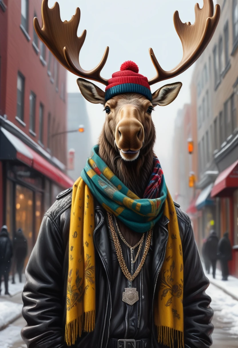 Painting of a moose with hat and scarf, trendy art, Punk outfits, detailed hyper-realistic rendering, Gang member, Streetstyle, Threatening posture, fashionable costume, City Warrior