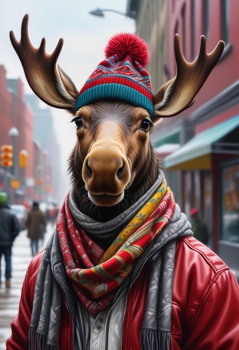 Painting of a moose with hat and scarf, trendy art, Punk outfits, detailed hyper-realistic rendering, Gang member, Streetstyle, Threatening posture, fashionable costume, City Warrior