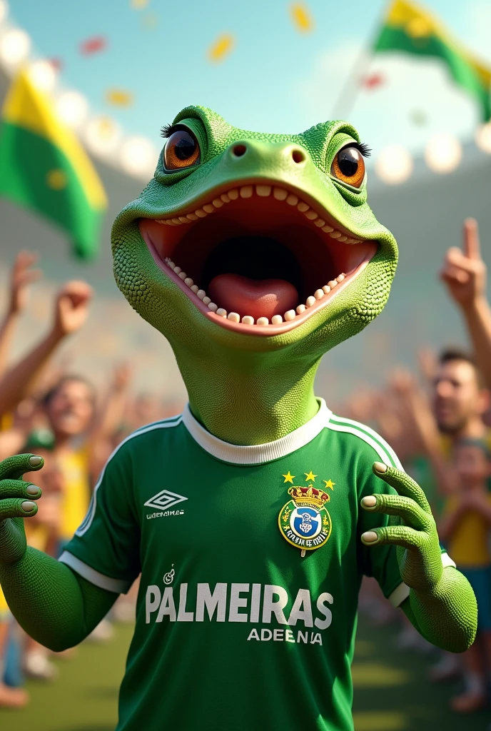 lizard celebrating a lot with the Palmeiras shirt
