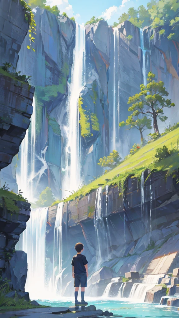 A wonderful waterfall and a boy looking at it