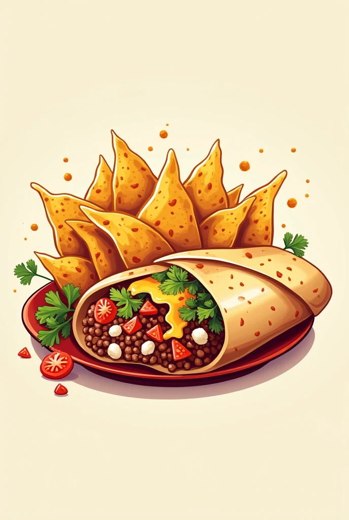 An image of a Mexican food that is a burrito with nachos that is eye-catching for a logo that does not have so many details but that looks appetizing