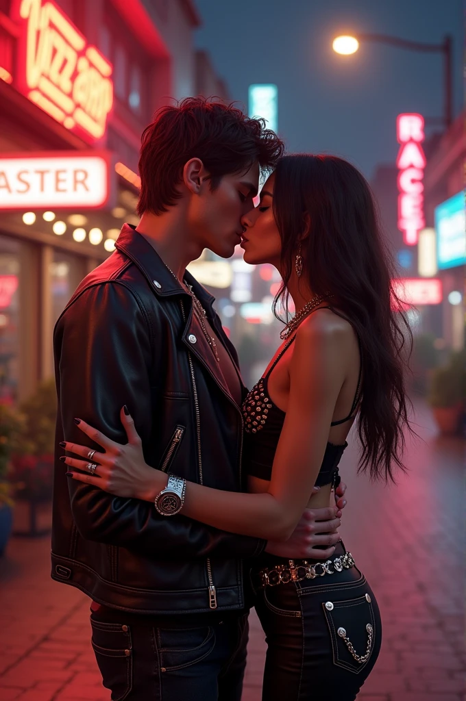 80's night on the Street a Man and a woman Kisses and wear rocker outfit, street lights