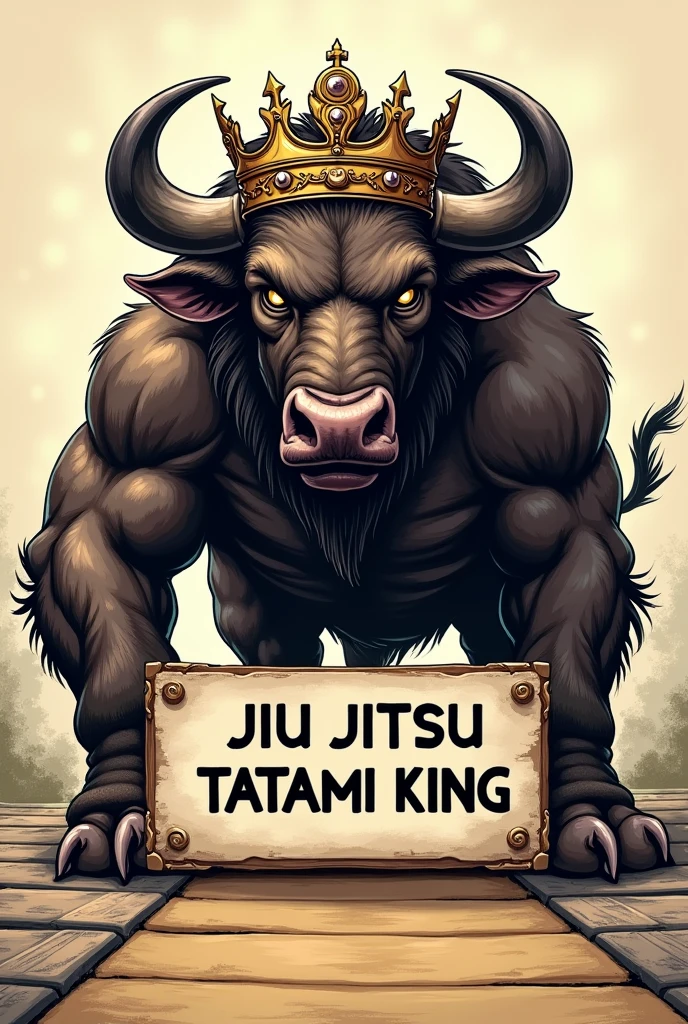 Drawing of an aggressive martial arts buffalo wearing a king&#39;s crown on a tatami mat with a sign that says Jiu Jitsu tatami king 