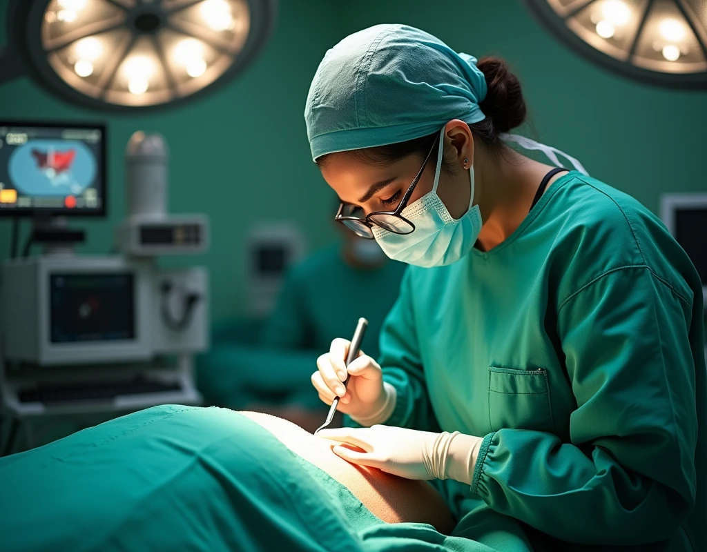 Aishwarya Rai as heart surgeon, milf, wearing green scrubs, wearing surgical mask and skull cap, wearing surgical glasses, performing heart surgery on male patient, in operation theatre, fullbody view, cutting the chest with scalpel,
