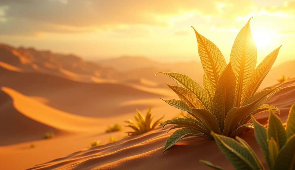 Plant illuminated by sun rays on the right side of a desert