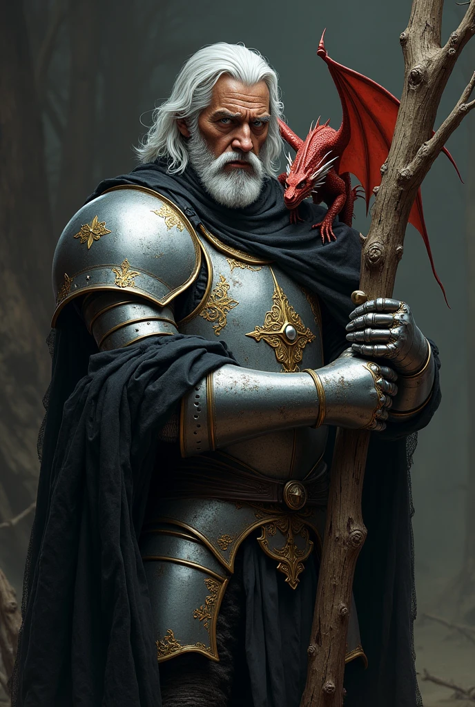 Middle-aged knight in plate armor, wide and bright, silver plated with gold filigree, covered by dark tattered fabric, head covered by dark, tattered hood, Dark skin, medium short silver hair, short silver beard, white eyes that emit light, leaning on a stick that looks like a tall branch, with a dwarf red dragon with wings on his shoulder