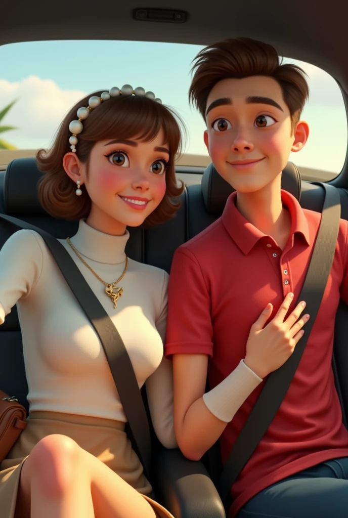 Imagine Pixar type Create an image of a couple of a young couple in a car with black seats. She has light brown hair, loose with bangs framing her face, and wears a headband of white pearls. She wears a white long-sleeved turtleneck shirt and a beige skirt.. in your legs, a brown bag rests, and a necklace with a horse pendant hangs from her neck. 

at your side, He, a young man with his hair combed upwards at the front, He is wearing a Ferrari red polo shirt, He brings his right hand to his chest.She smiles as she takes a selfie from the passenger seat with her seatbelt on. They both share a smile as they enjoy the moment.