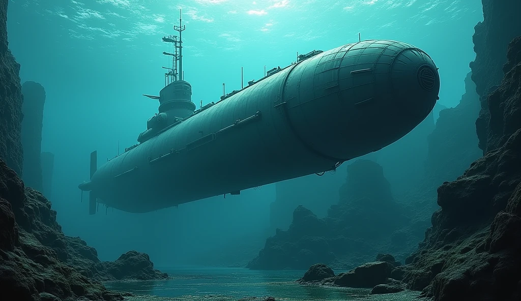 Fantasy,8 K,extremely detailed, masterpiece,a high resolution,top quality,increase resolution,Cinema Lighting,Another space,six-dimensional world,Giant submarine, nautilus,Ancient underwater city,deep sea,Japanese Trench,Dazzling light,In the endless ocean,眼下にAncient underwater cityが広がる、huge composition,deep sea6000m,diagonally from the side