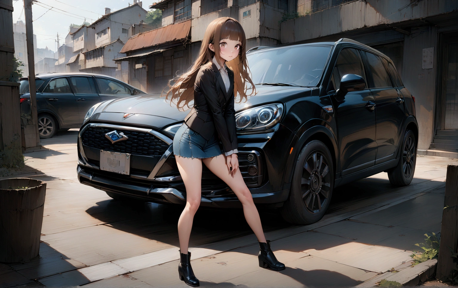realistic anime illustration of adorable young woman is posing around black car, she has dyed brown long straight hair with bangs, wears black blazer, denim mini skirt, black boots, (1girl, solo, full body), (masterpiece, best quality, japanese anime style), (expressive eyes, perfect face)