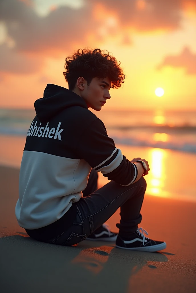 (photorealism:1.2), handsome boy, sitting on the sea beach, wearing black white hoodie , black jeans, Curley hair, wearing watch, evening sunset, sea beach in background, evening sunset, written 'Abhishek' in backside of hoodie,Alphonse Mucha