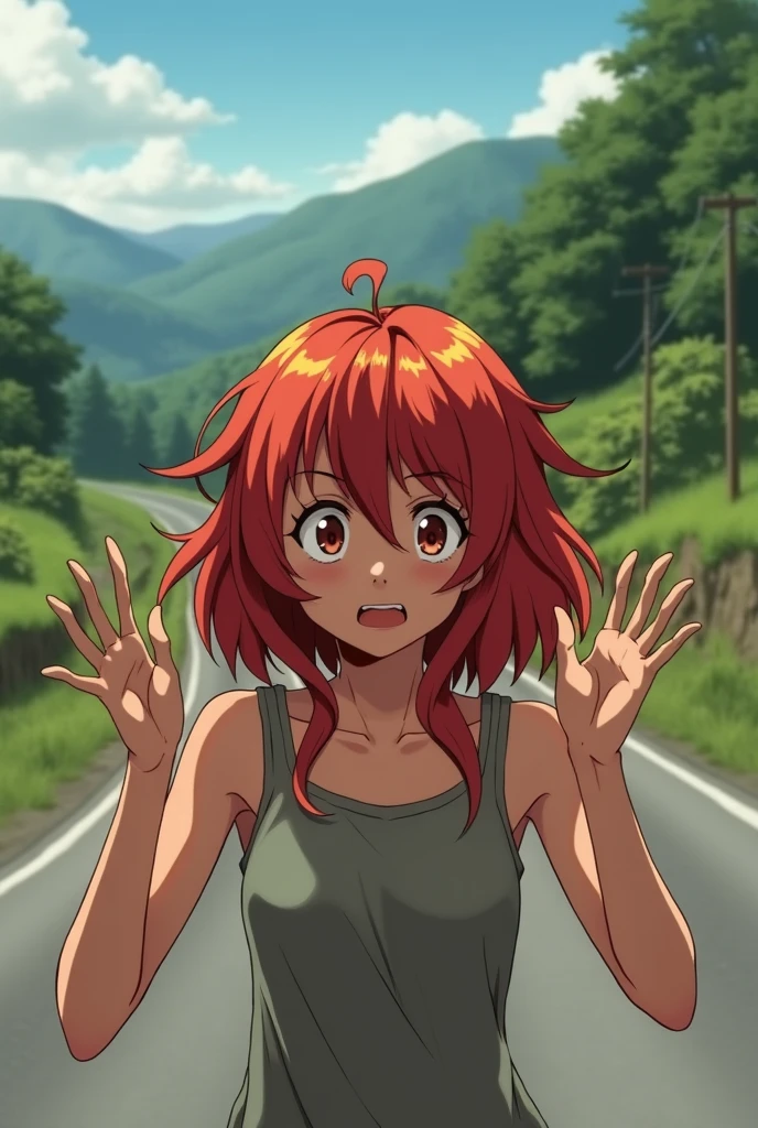 A girl with red hair is standing on the side of the road with her hands raised