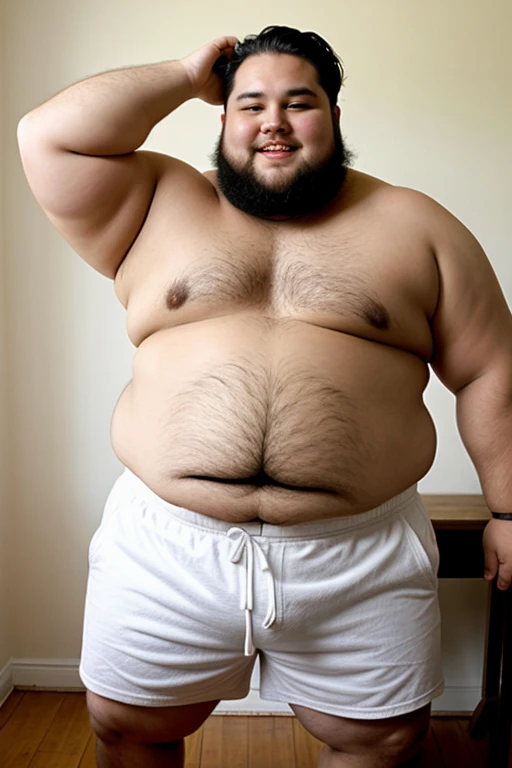 fat man shirtless wearing shorts