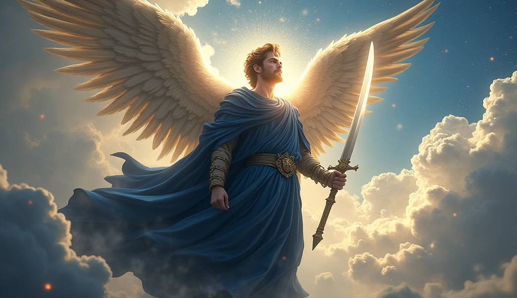 celestial archangel michael with sword and dressed in navy blue tunic