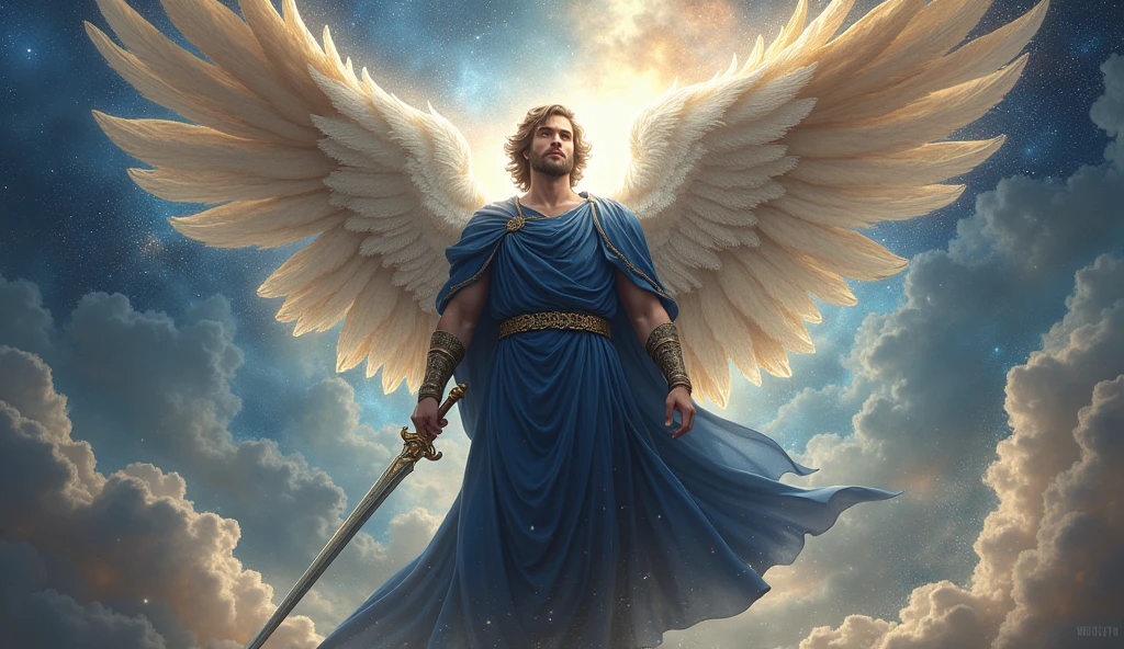 celestial archangel michael with sword and dressed in navy blue tunic