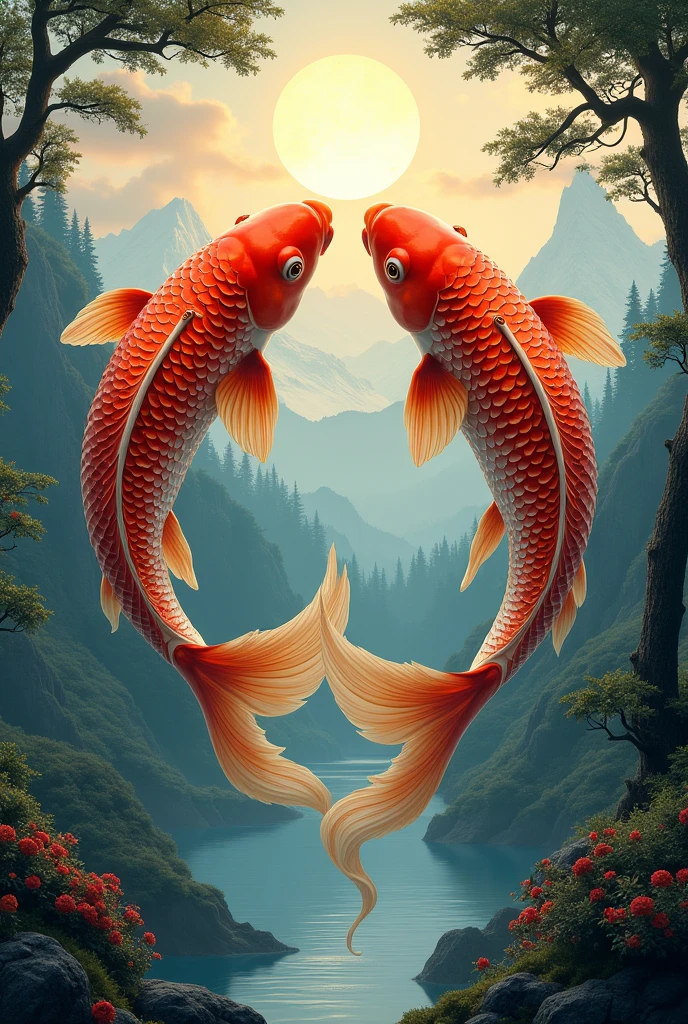 2 carps forming a moon with the presence of trees and mountains